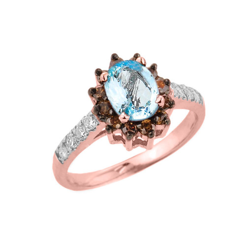 14k Rose Gold Aquamarine and Diamond Ladies Ring