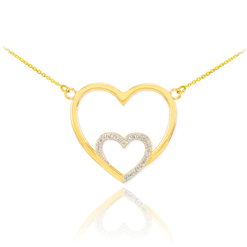14k Gold Double Heart Necklace with Diamonds