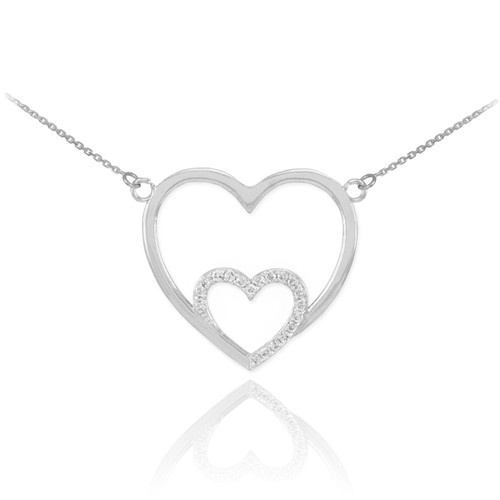 14k White Gold Double Heart Necklace with Diamonds