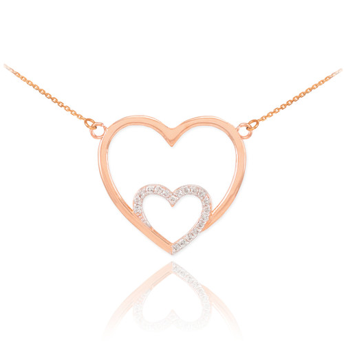 14k Rose Gold Double Heart Necklace with Diamonds