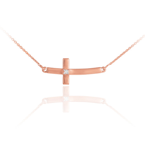 14K Rose Gold Sideways Small Curved Diamond Cross Pendant Necklace