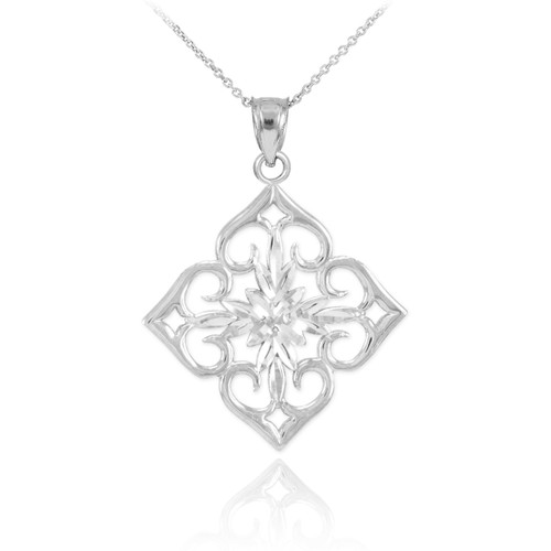 Sterling Silver Diamond Cut Flower Pendant Necklace