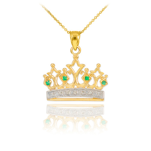 Gold Emerald Crown Pendant Necklace with Diamonds