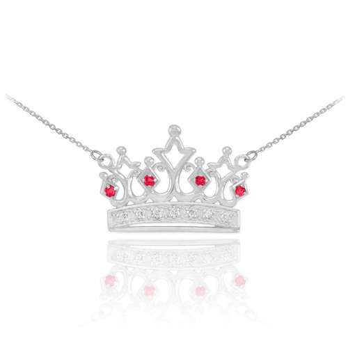 14k White Gold Ruby Crown Necklace with Diamonds