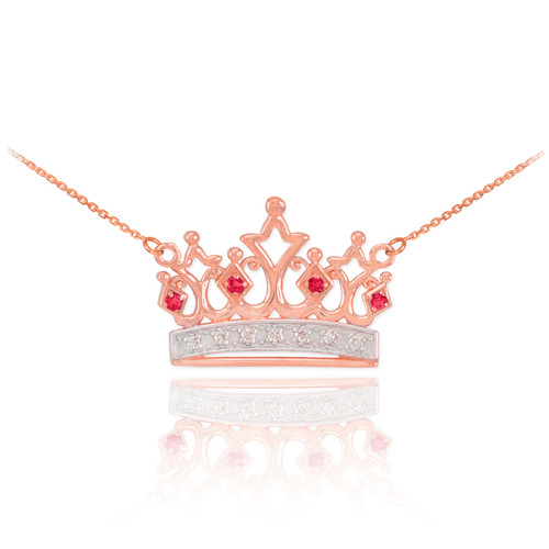 14k Rose Gold Ruby Crown Necklace with Diamonds