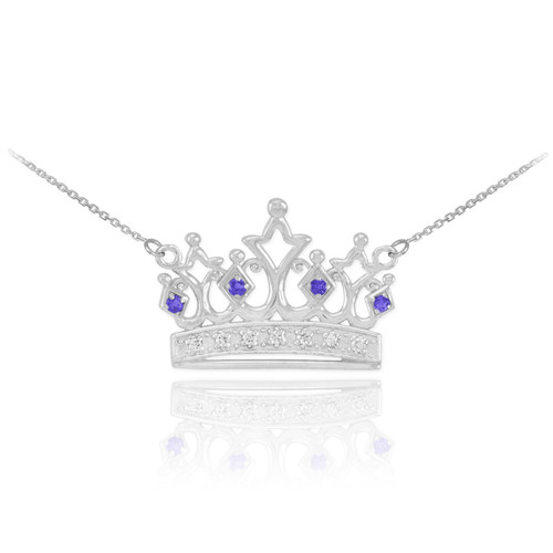 14k White Gold Sapphire Crown Necklace with Diamonds
