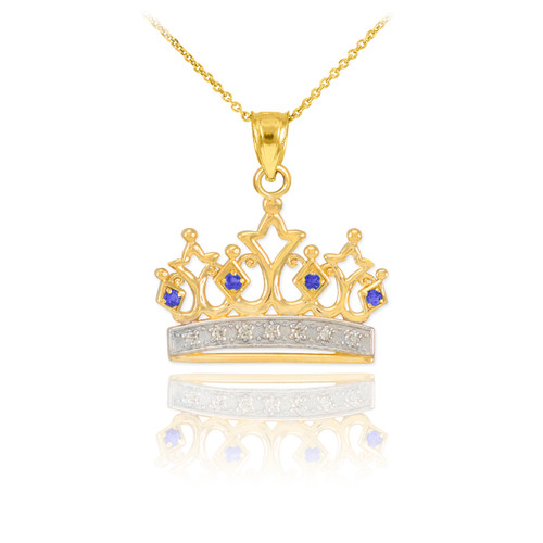Gold Sapphire Crown Pendant Necklace with Diamonds