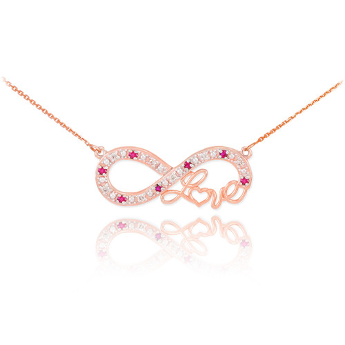 14k Rose Gold Ruby Infinity "Love" Script Necklace with Diamonds