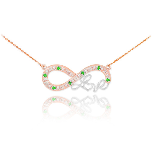14k Two-Tone Rose Gold Emerald Infinity "Love" Script Necklace with Diamonds