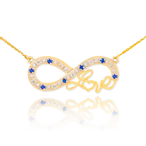 14k Gold Sapphire Infinity "Love" Script Necklace with Diamonds