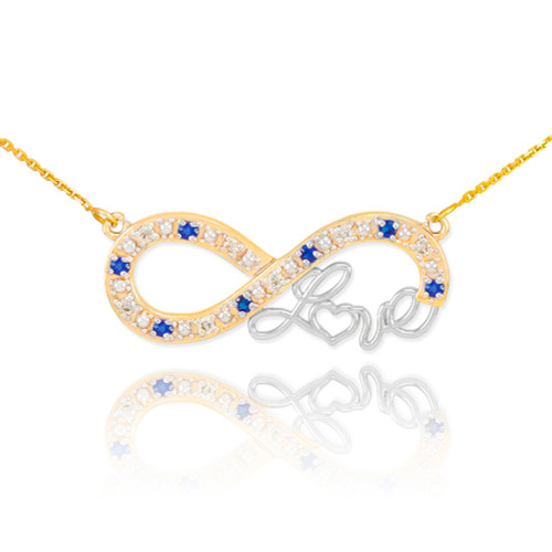 14k Two-Tone Gold Sapphire Infinity "Love" Script Necklace with Diamonds