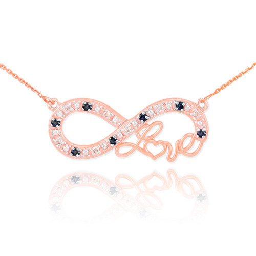 14k Rose Gold Infinity "Love" Script Necklace with Black and Clear Diamonds