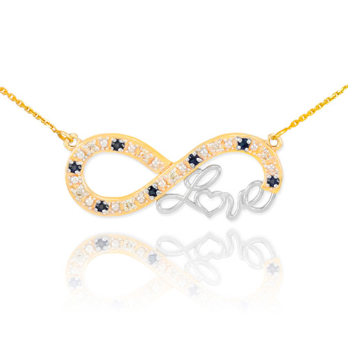 14k Two-Tone Gold Infinity "Love" Script Necklace with Black and Clear Diamonds