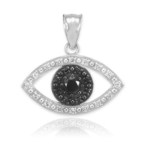 White Gold Evil Eye Pendant Necklace with Clear and Black Diamonds