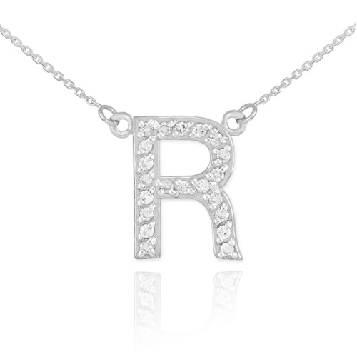 14k White Gold Letter "R" Diamond Initial Necklace