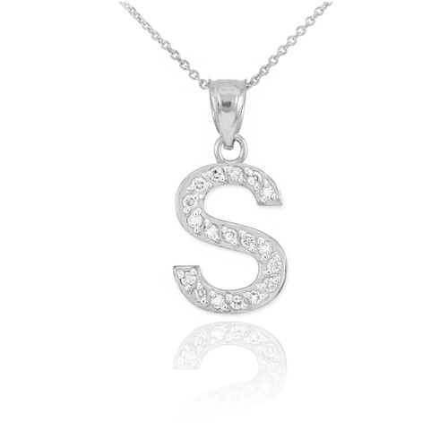 White Gold Letter "S" Diamond Initial Pendant Necklace