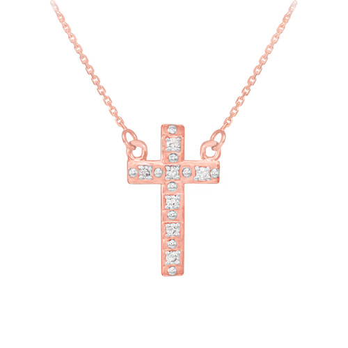 14k Rose Gold Small Cross Necklace with Diamonds