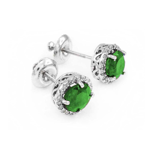 14k White Gold Diamond Emerald Earrings