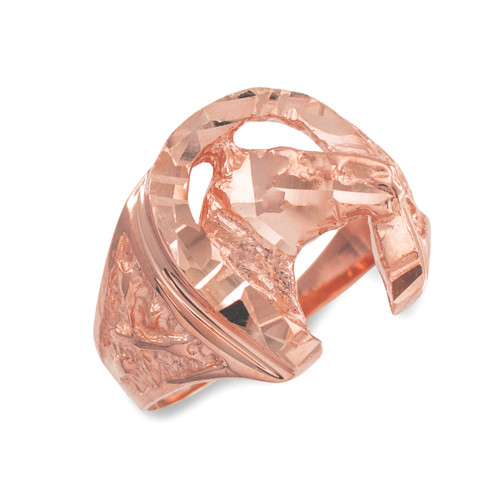 Rose Gold Horse Head with Horseshoe Diamond Cut Ring