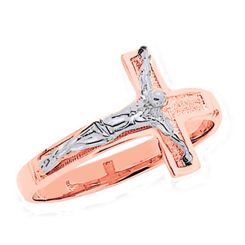 Two-Tone Rose Gold Diamond Cut Men's Crucifix Ring