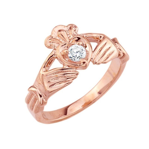 14K Rose Gold Diamond Claddagh Ring