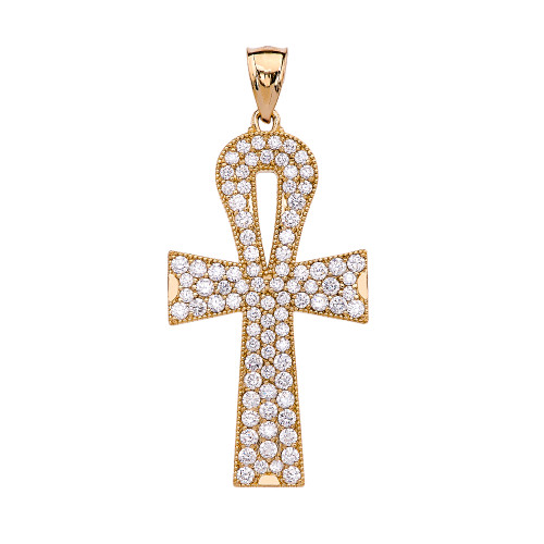 Yellow Gold 4 Carat Diamond Ankh Cross Pendant Necklace