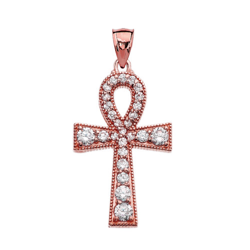 Rose Gold Ankh Cross Diamond Pendant Necklace