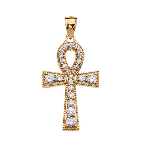 Yellow Gold Ankh Cross Cubic Zirconia Pendant Necklace