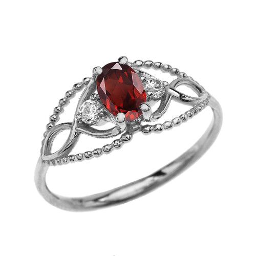Elegant Beaded Solitaire Ring With Garnet Centerstone and White Topaz in White Gold