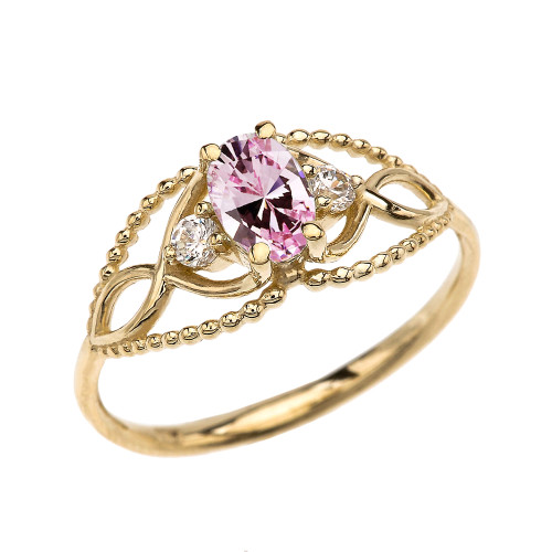 Elegant Beaded Solitaire Ring With October Birthstone Pink CZ Centerstone and White Topaz in Yellow Gold