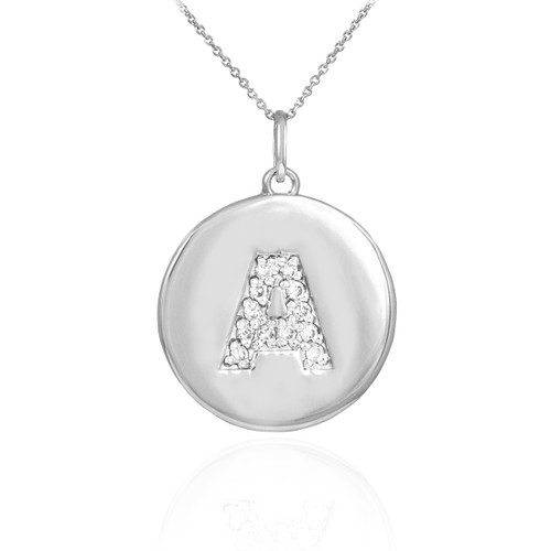 Letter "A" disc pendant necklace with diamonds in 10k or 14k white gold.