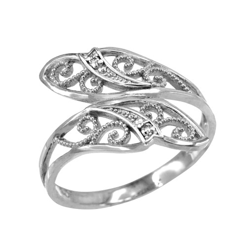 White Gold Filigree Diamond Cut Leaf Ring