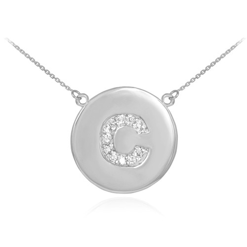 Letter "C" disc necklace with diamonds in 14k white gold.