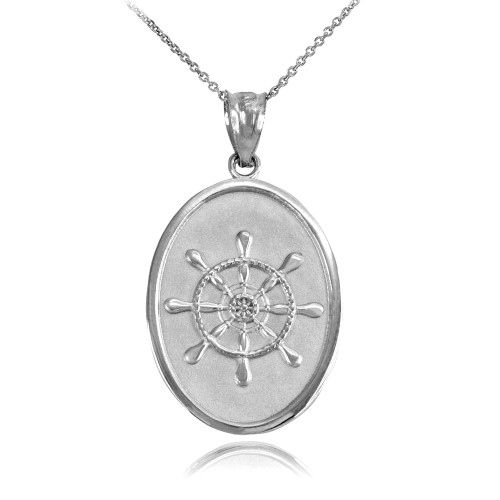 White Gold Ship Wheel Pendant Necklace
