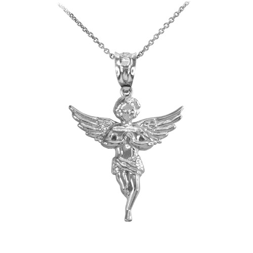 White Gold Textured Praying Angel Pendant Necklace