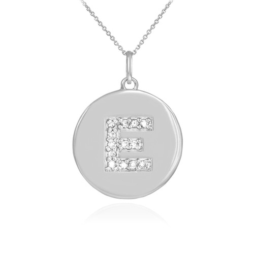Letter "E" disc pendant necklace with diamonds in 10k or 14k white gold.