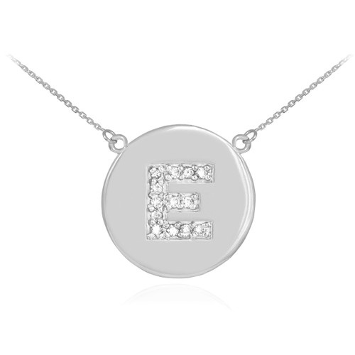 Letter "E" disc necklace with diamonds in 14k white gold.