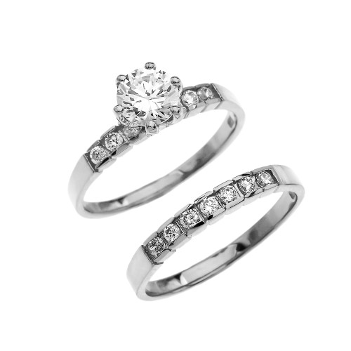 White Gold Channel Set Diamond Engagement And Wedding Ring Set With 1 Carat White Topaz Center stone