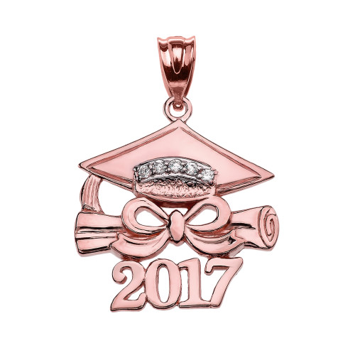 Rose Gold Class of 2017 Graduation Cap Pendant Necklace with Diamond