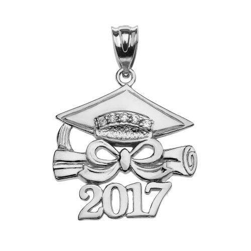 White Gold Class of 2017 Graduation Cap Pendant Necklace with Diamond