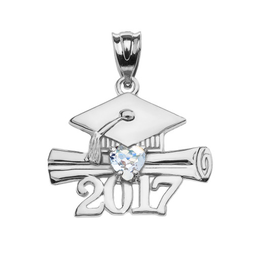 Sterling Silver Heart March Birthstone Aqua CZ Class of 2017 Graduation Pendant Necklace