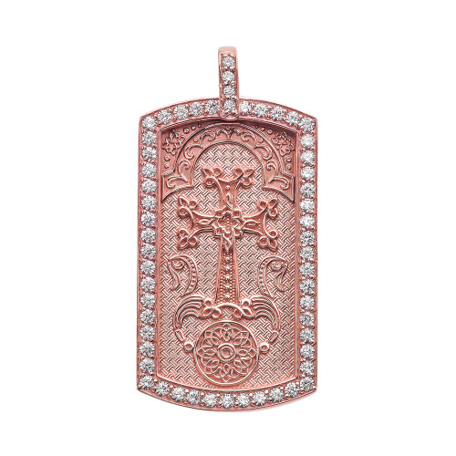 Armenian Cross "Khachkar" Diamond Rose Gold Dog Tag Pendant Necklace