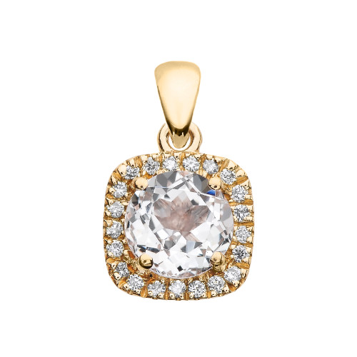 Halo Diamond and White Topaz Dainty Yellow Gold Pendant Necklace