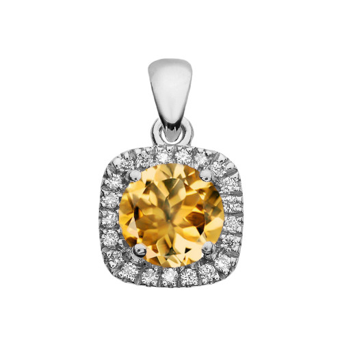 Halo Diamond and Citrine Dainty White Gold Pendant Necklace
