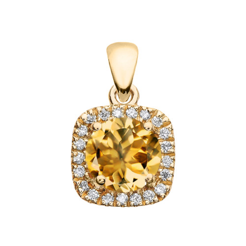 Halo Diamond and Citrine Dainty Yellow Gold Pendant Necklace