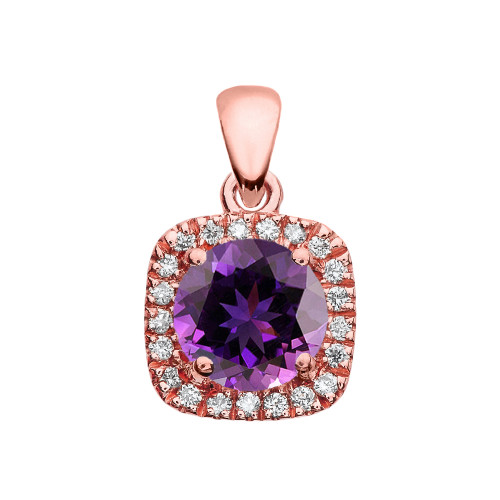 Halo Diamond and Amethyst Dainty Rose Gold Pendant Necklace