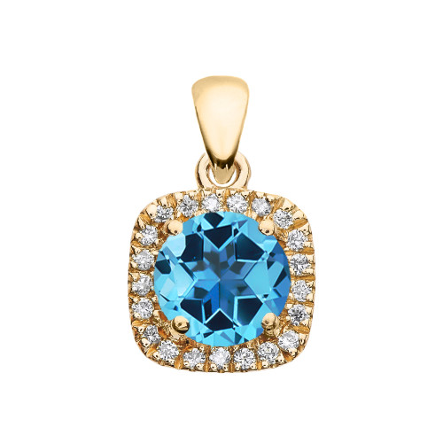 Halo Diamond and Blue Topaz Dainty Yellow Gold Pendant Necklace