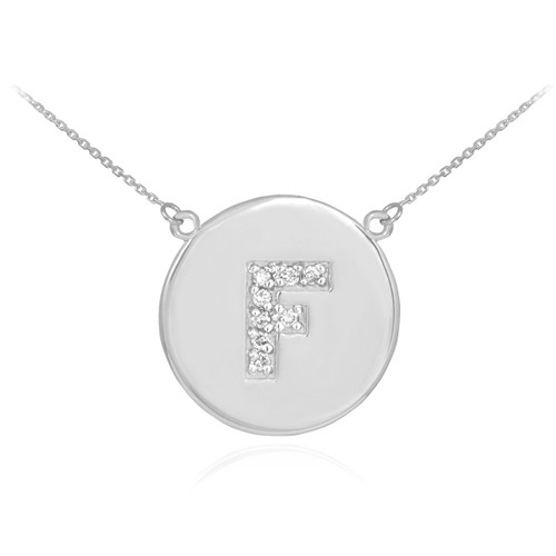 Letter "F" disc necklace with diamonds in 14k white gold.