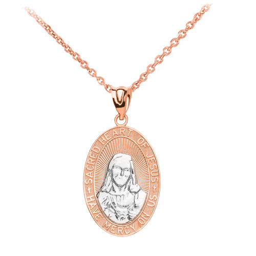 Rose Gold Two-Tone Medium Sacred Heart Of Jesus Pendant Necklace