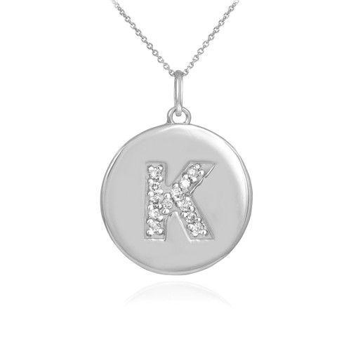 Letter "K" disc pendant necklace with diamonds in 10k or 14k white gold.